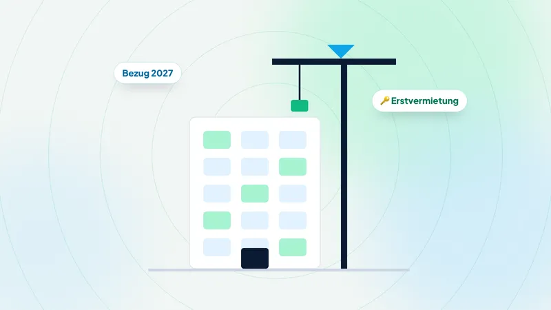 Illustration: Neubau mit Baukran und Kalender als Sinnbild für die Erstvermietung einer Genossenschaftssiedlung