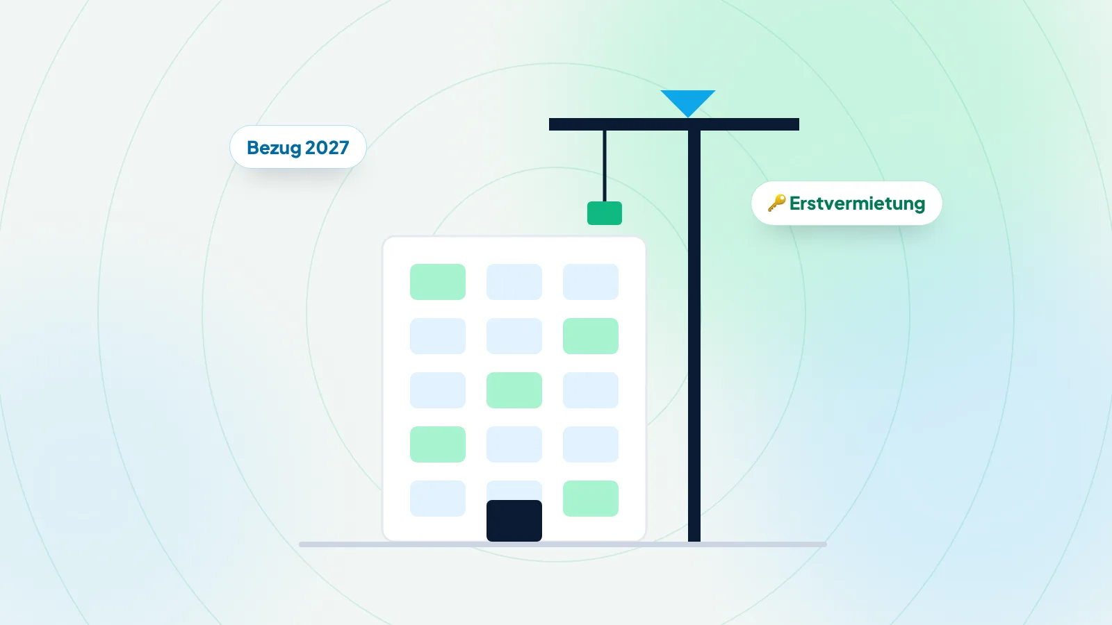 Illustration: Neubau mit Baukran und Kalender als Sinnbild für die Erstvermietung einer Genossenschaftssiedlung