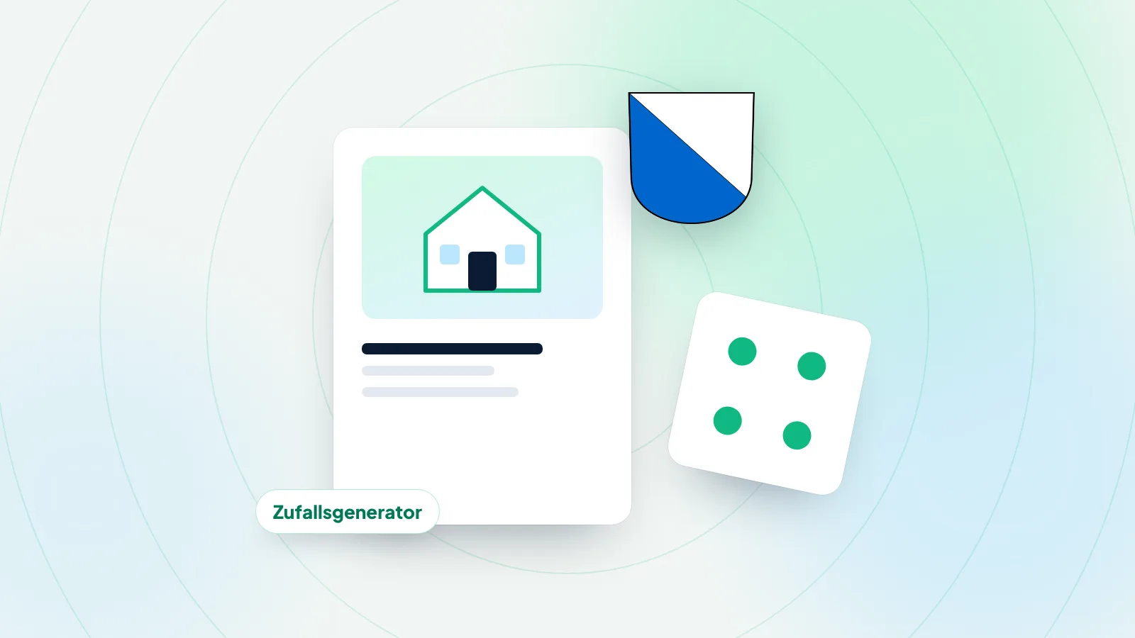 Illustration: Zürcher Wappen neben einem Mehrfamilienhaus und Würfeln als Sinnbild für die Vergabe städtischer Wohnungen